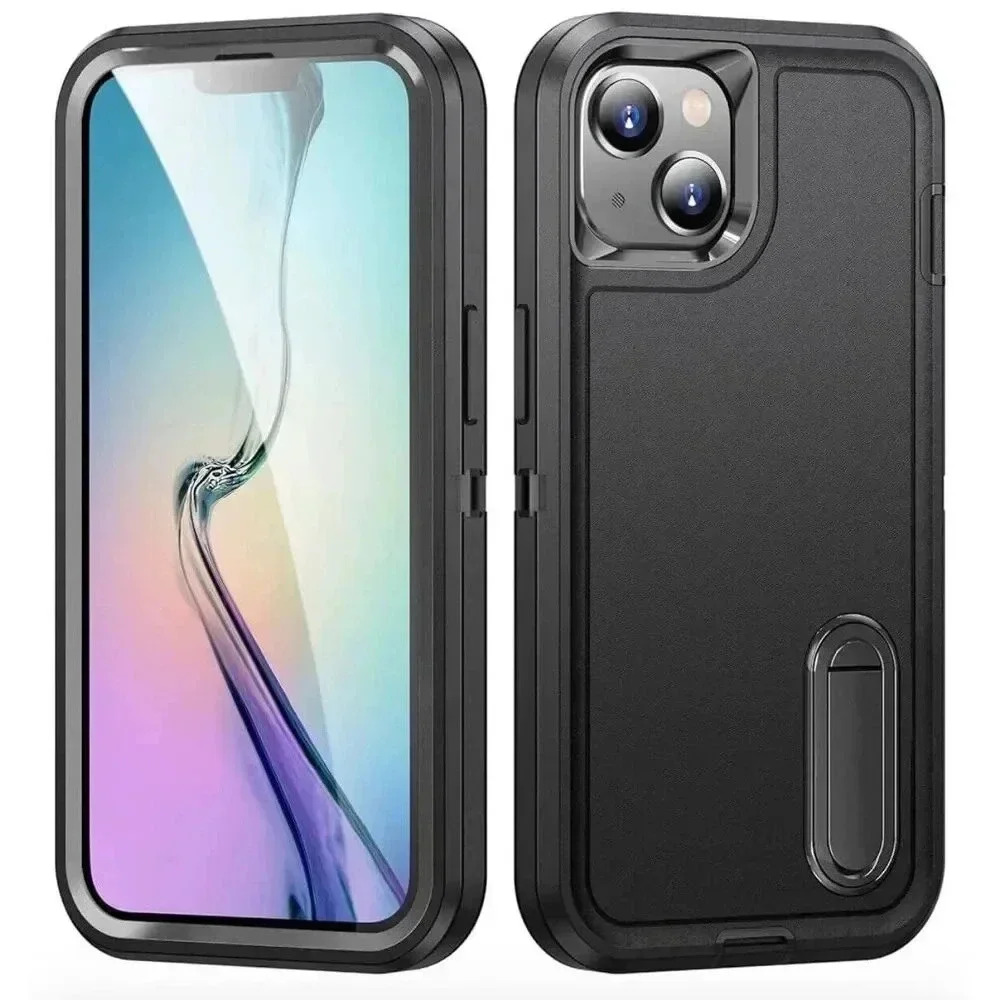 Rugged Kickstand Case for iPhone 15 6.1” Heavy Duty Shockproof Drop-Proof Black